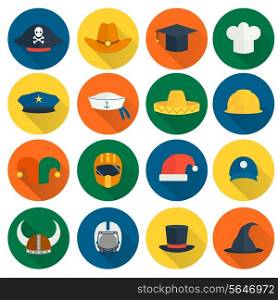 Modern and old caps flat icons set with policeman builder chef hats isolated vector illustration