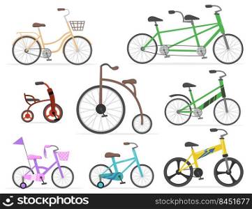 Modern and retro bicycles flat set for web design. Cartoon drawing old cycles and cute bikes in bright colors isolated vector illustration collection. Transport, cycling and race concept