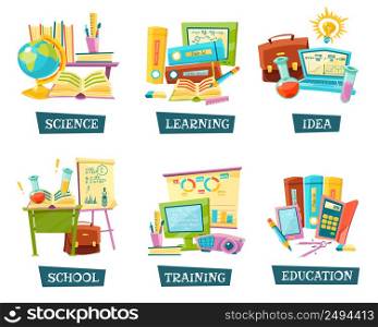 Modern and traditional school training educational materials supplies for classrooms 6 flat compositions set abstract vector illustration . School Training Education Objects Set