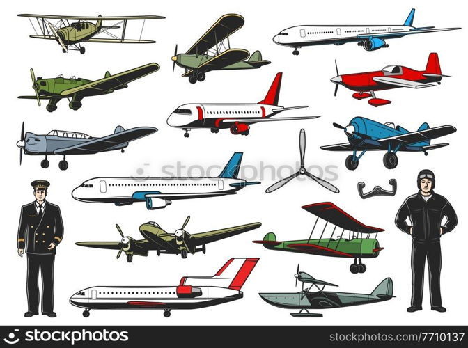 Modern and vintage aircraft set. Civil and military aviation pilot character. Airline passenger airliners, army retro biplane fighter or bomber and flotaplane with slender, aviators in uniform vector. Modern and old aircraft, pilots in uniform vector