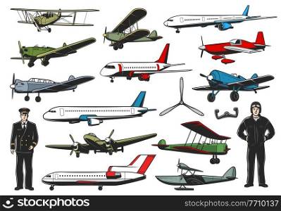 Modern and vintage aircraft set. Civil and military aviation pilot character. Airline passenger airliners, army retro biplane fighter or bomber and flotaplane with slender, aviators in uniform vector. Modern and old aircraft, pilots in uniform vector