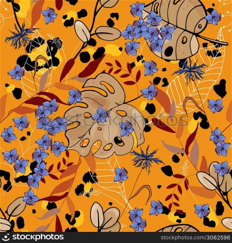 Modern animal skin prints and flower hand drawn seamless pattern. Safari Africa design of leopard. Vector