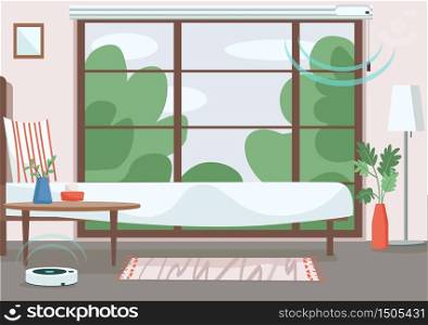 Modern apartment flat color vector illustration. Empty room with automated jalousie and vacuum cleaner. Internet of things technology. Bedroom 2D cartoon interior with smart devices on background