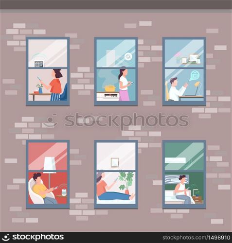 Modern apartment floors flat color vector illustration. Woman with phone in kitchen. Man sit on bed. Person in living room. Smart home activity 2D cartoon characters inside with interior on background. Modern apartment floors flat color vector illustration