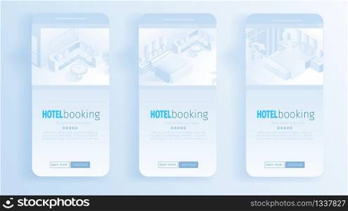 Modern Apartment Interior Banners Isometric Vector Illustration. Booking Comfortable Room Online. Reservation Business Trip Tourism Vacation Application Website Landing Page Social Media. Modern Apartment Interior Banners Online Booking