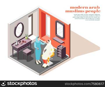 Modern arabian beauty salon interior isometric composition with stylist applying makeup on muslim lady client vector illustration