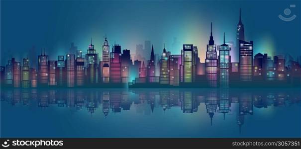 Modern architecture and technology neon in downtown skyscraper background, Cityscape skyline panorama view building futuristic, Vector illustration design network communication in city on dark blue.