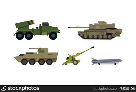 Modern armament types icons. Reactive artillery base mount on truck, tank, armored personnel carrier, howitzer cannon, ballistic missile flat vector illustrations isolated on white. Military machinery. Types of Modern Armament Flat Vector Set. Types of Modern Armament Flat Vector Set