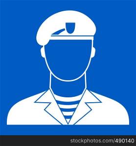 Modern army soldier icon white isolated on blue background vector illustration. Modern army soldier icon white