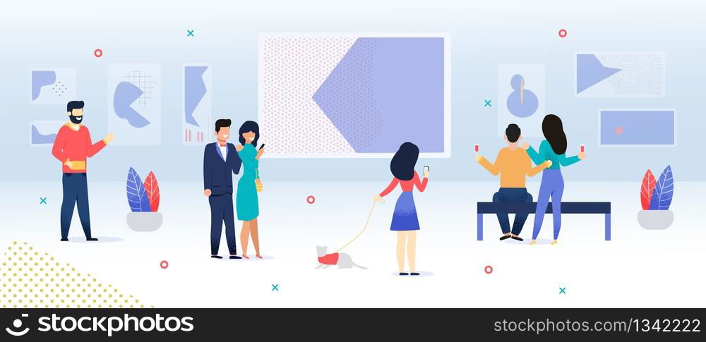 Modern Art Exhibition and Visitors Flat Vector Illustration. Cartoon People and Tourists Looking at Paintings. Expo Showroom. Men and women Enjoying Creative Artworks in Gallery or Museum. Modern Art Exhibition and Visitors Flat Vector