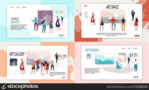 Modern Art Space, Gallery, Museum Landing Page Set. Presentation, Excursion Exposition Paintings, Sculptures, Exhibits, Abstract Artwork. Website or Web Page Flat Cartoon Vector Illustration. Modern Art Space, Gallery, Museum Landing Page