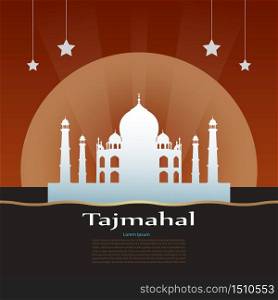 Modern art, symbol, logo. World famous landmark series: Taj Mahal the main tourist attraction in Agra and an ancient Palace in India, Vector illustration temple silhouette on half circle