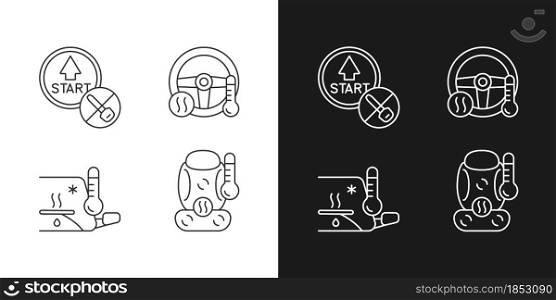 Modern automotive features linear icons set for dark and light mode. Push button start. Defrosting windows. Customizable thin line symbols. Isolated vector outline illustrations. Editable stroke. Modern automotive features linear icons set for dark and light mode