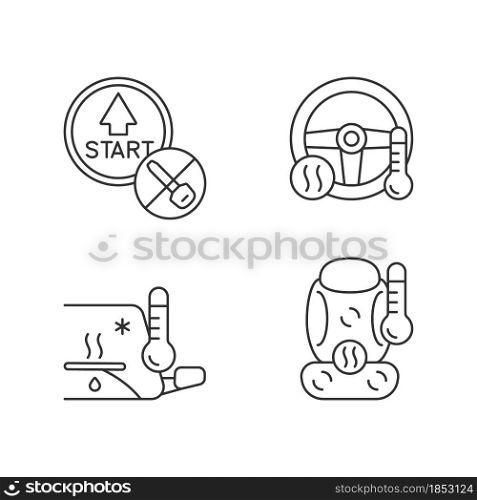 Modern automotive features linear icons set. Push button start. Providing comfort to driver. Defrosting. Customizable thin line contour symbols. Isolated vector outline illustrations. Editable stroke. Modern automotive features linear icons set