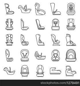 Modern baby car seat icons set. Outline set of modern baby car seat vector icons for web design isolated on white background. Modern baby car seat icons set, outline style