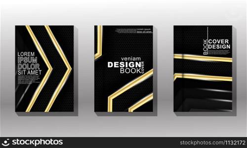 Modern background design. Vector collection of book covers with hexagon shape patterns stacked with glowing gold lines