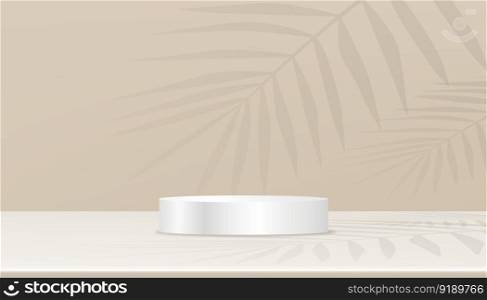 Modern background Step Podium with coconut palm leaves on Beige wall,3D Display with overlay light of branches leaf on cement wall,Vector Product background for Spring,Summer organic presentation