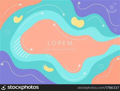 Modern background with fluid shape orange, purple, green, yellow pastel color and hand draw line on white background flat minimal design. Vector illustration
