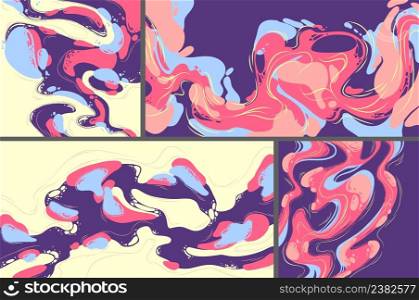 Modern backgrounds with abstract pattern of liquid blobs, flow shapes and lines. Vector creative posters set with flat illustration, trendy design with paint splashes and waves. Abstract pattern of liquid blobs, flow shapes