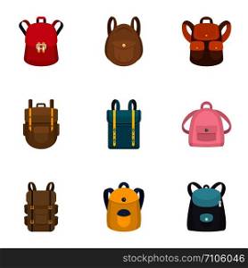 Modern backpack icon set. Flat set of 9 modern backpack vector icons for web design. Modern backpack icon set, flat style