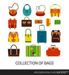 Modern Bags Ftat Colorful Icons Set. Handbags and luggage quality leatherwear store fashionable accessories online flat icons collection abstract isolated vector illustration