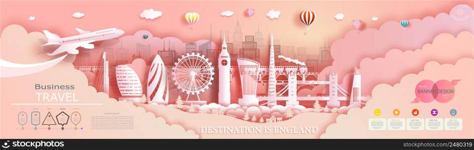 Modern banner cover business brochure design template for advertising with infographic. Travel England top world modern skyscraper and famous city architecture.Tour England landmark of europe.