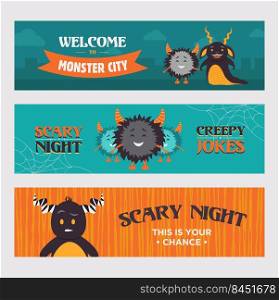 Modern banner designs with furry monsters. Welcome to monster city banners for party. Halloween and holiday concept. Template for promotional leaflet or brochure