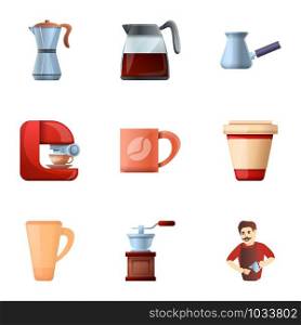 Modern barista coffee icon set. Cartoon set of 9 modern barista coffee vector icons for web design isolated on white background. Modern barista coffee icon set, cartoon style