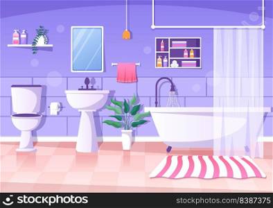 Modern Bathroom Furniture Interior Background Illustration with Bathtub, Faucet Toilet Sink to Shower and Clean up in Flat Color Style