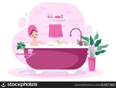 Modern Bathroom Furniture Interior Background Illustration with girl taking a bath in the bathtub in Flat Color Style