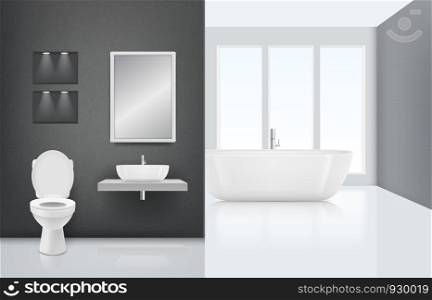 Modern bathroom interior. Toilet sink washing cabin in fresh and white bath luxury stylish interior. Vector realistic clean background. Interior of bathroom with toilet and sink illustration. Modern bathroom interior. Toilet sink washing cabin in fresh and white bath luxury stylish interior. Vector realistic clean background