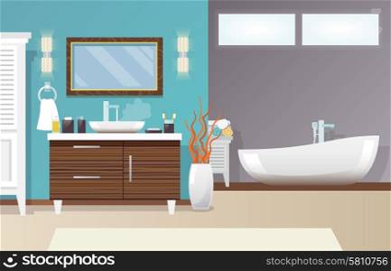 Modern bathroom interior with furniture and hygiene accessories flat vector illustration. Modern Bathroom Interior