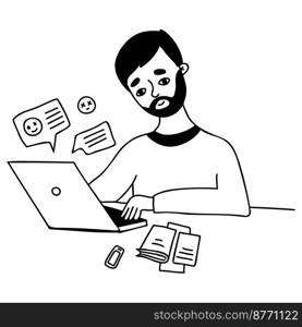Modern bearded man with laptop works, correspondence, online messages and communication. Vector linear hand drawing doodle