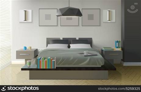Modern Bedroom Interior Design. Modern bedroom interior design with bed books and cups realistic vector illustration