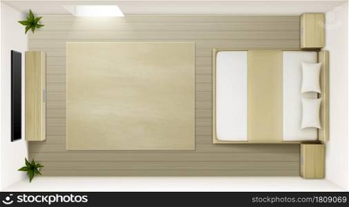 Modern bedroom interior top view. Vector realistic mockup of empty sleeping room with double bed with white sheet and pillows, tv on wall, carpet and nightstands from oak wood. Vector modern bedroom interior top view