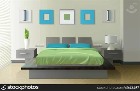 Modern Bedroom Realistic Design . Modern bedroom realistic design with bed vase and lamp realistic vector illustration