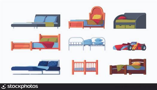 Modern beds. Relaxing places with wooden furniture with mattress garish vector flat pictures set isolated. Collection of bed interior furniture for house and apartment illustration. Modern beds. Relaxing places with wooden furniture with mattress garish vector flat pictures set isolated