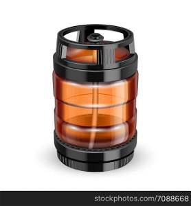 Modern Black And Brown Plastic Keg Barrel Vector. Blank Glass Keg For Transportation And Buffer Storage On Warehouse Carbonated Water. Container For Non-alcoholic Beverage Realistic 3d Illustration. Modern Black And Brown Plastic Keg Barrel Vector