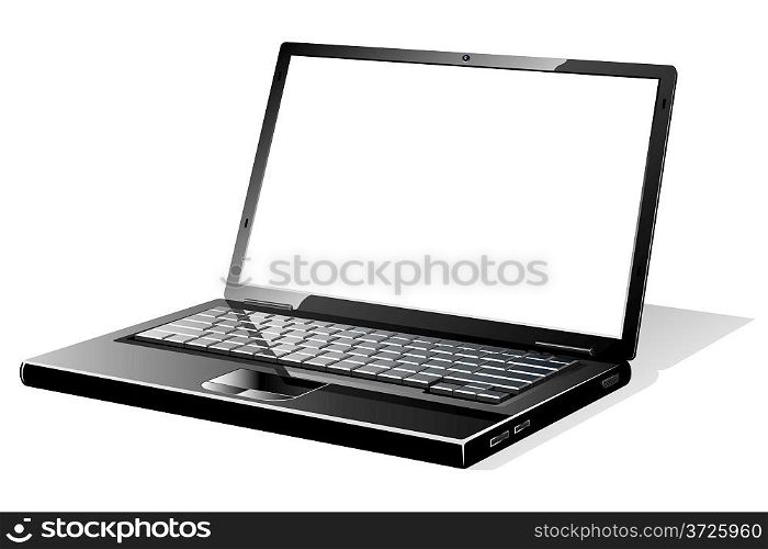 Modern black opened laptop with blank white screen.