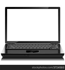 Modern black shiny laptop with blank screen isolated on white.