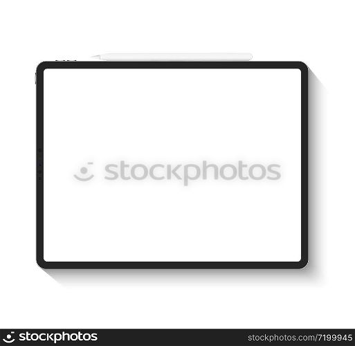 Modern black tablet with pen blank horizontal screen isolated on white background. Vector illustration