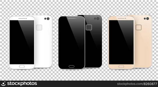 Modern black, white and gold smartphone isolated on transparent background.. Front and back of Vector smartphone. Cell phone mockup back view.
