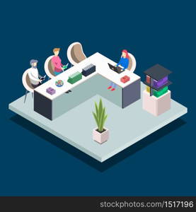 Modern book library isometric color vector illustration. Student in university computer classroom. People at desks with laptops. Public library 3d concept isolated on blue background