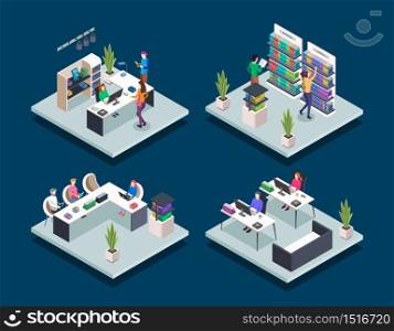 Modern book library isometric color vector illustrations set. People in bookstore. Student in university computer class. School pupils reading. Public library 3d concept isolated on blue background