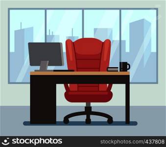 Modern boss room with big window and laptop on desk. Empty contemporary office interior. Business vector cartoon background. Business room with computer, workplace office interior illustration. Modern boss room with big window and laptop on desk. Empty contemporary office interior. Business vector cartoon background
