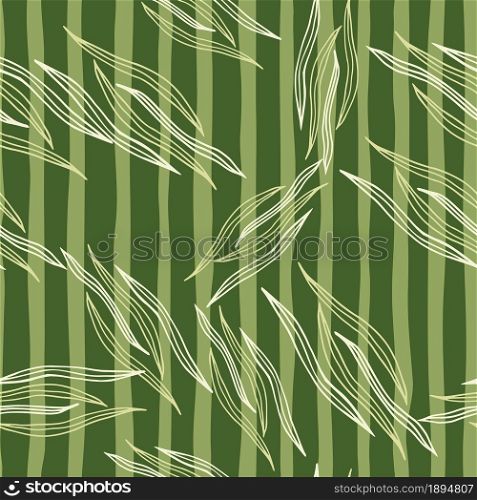 Modern botanical line shapes seamless pattern on green stripe background. Nature wallpaper. Design for fabric, textile print, wrapping, cover. Vector illustration.. Modern botanical line shapes seamless pattern on green stripe background.