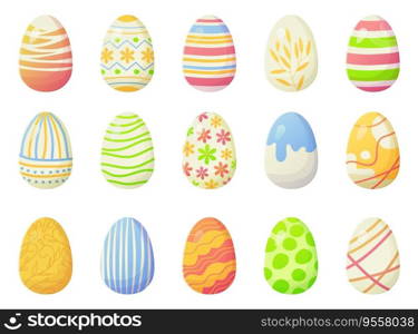 Modern bright gradient Easter eggs set with lines, dots and other ornates. Easter holiday, egg hunt concept. Stock vector illustration isolated on white background in flat cartoon style.. Modern bright gradient Easter eggs set with lines, dots and other ornates. Easter holiday, egg hunt concept. Stock vector illustration isolated on white background in flat cartoon style