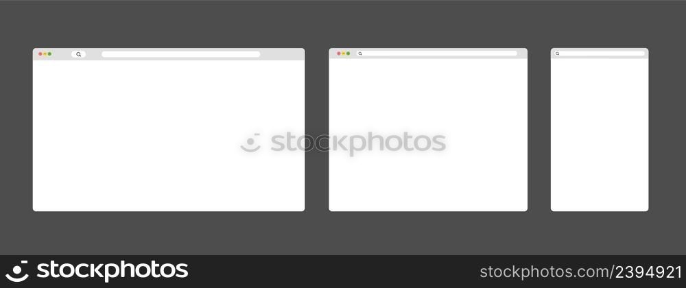 Modern browser window set isolated on dark grey background. Web window screen mockup.. Modern browser window set isolated on dark grey background. Web window screen.