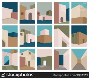Modern building, abstract geometric architecture elements posters. Minimalistic city building abstraction covers vector illustration. Architecture poster. Background building geometric architecture. Modern building, abstract geometric architecture elements posters. Minimalistic city building abstraction covers vector illustration set. Architecture abstract posters