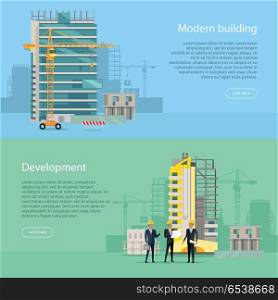 Modern Building. Development. Collection of Icons. Modern building. Development. Web banner. Collection of two illustrations. Simple cartoon style. Flat design. Unfinished building. Men in black suits and helmets standing near high house. Vector